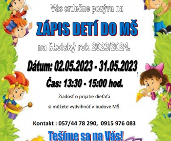Aktuality / POZVÁNKA NA ZÁPIS DO MŠ 02.05.2023 do 31.05.2023