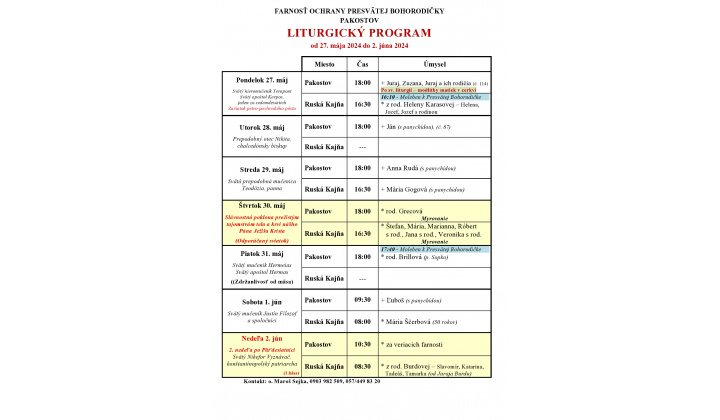 Liturgický program 20.05.2024 - 26.05.2024