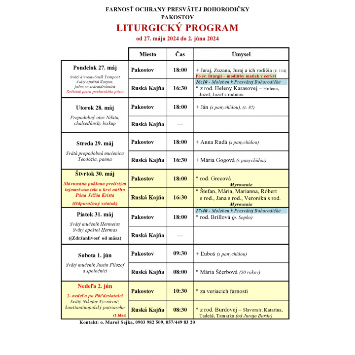 Liturgický program 20.05.2024 - 26.05.2024