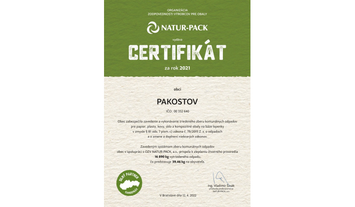 NATUR- PACK - Certifikát za rok 2021